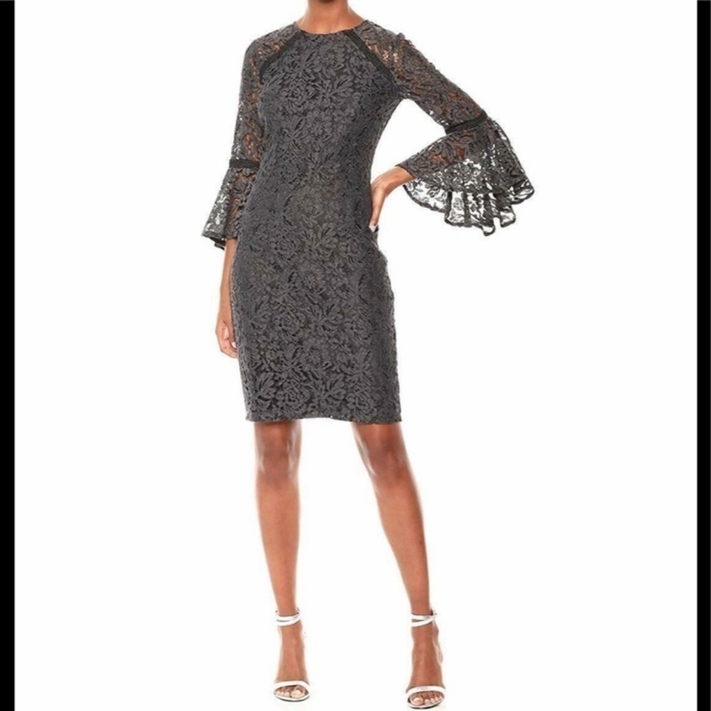 Calvin Klein Lace Gunmetal Grey Bell Sleeve Dress size 2 romantic‎ classic midi